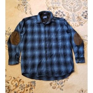 Pendleton Wool Trail Shirt Mens M-L Button Up Blue Brown Plaid Elbow Pads
